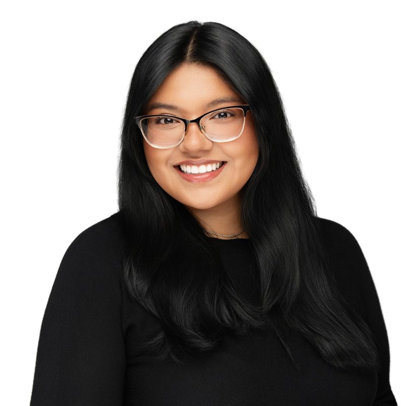 Dees Insurance studio headshot on a white background — black top and glasses